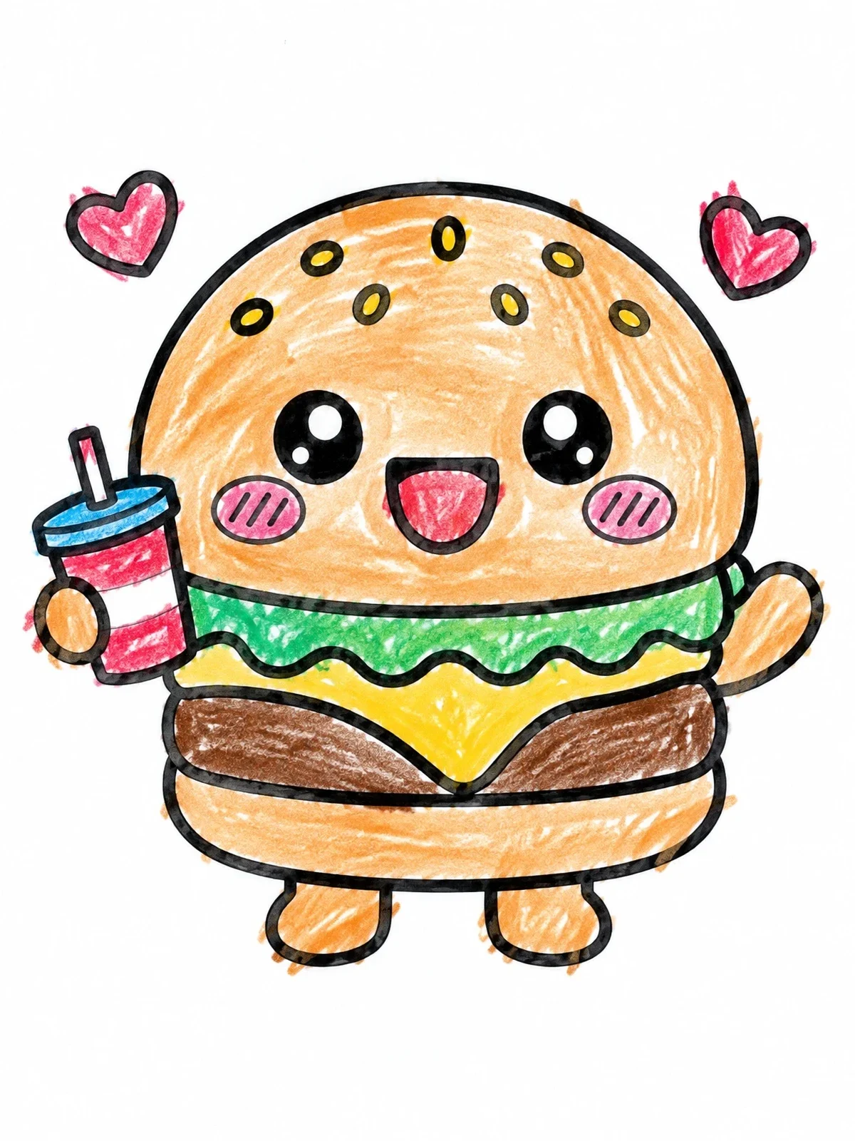 Colored example of the Cute Kawaii Burger With Drink coloring page