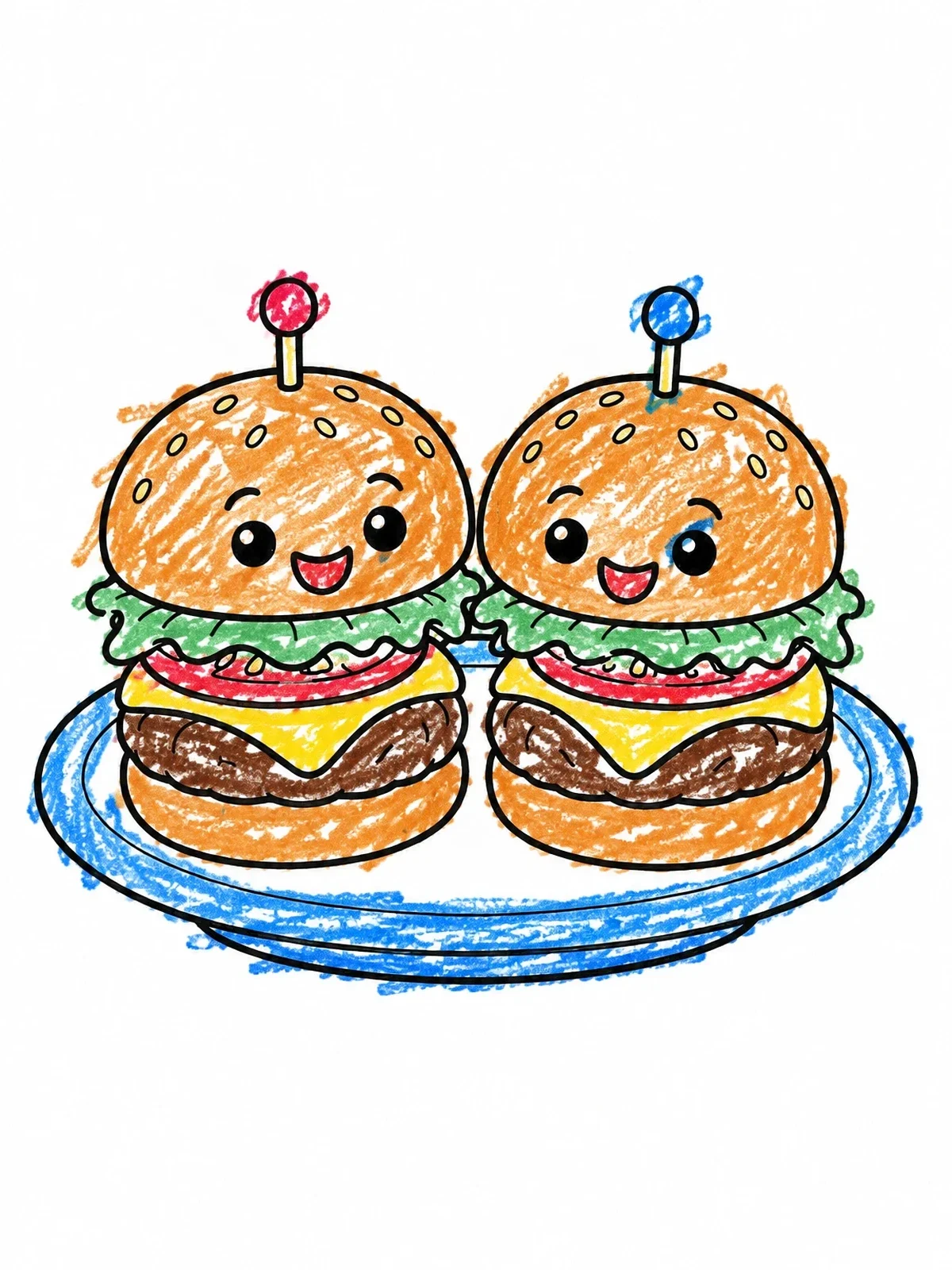 Colored example of the Cute Mini Burger Sliders coloring page