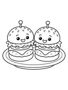 Two smiling mini sliders on a plate in a cute hamburger coloring page.