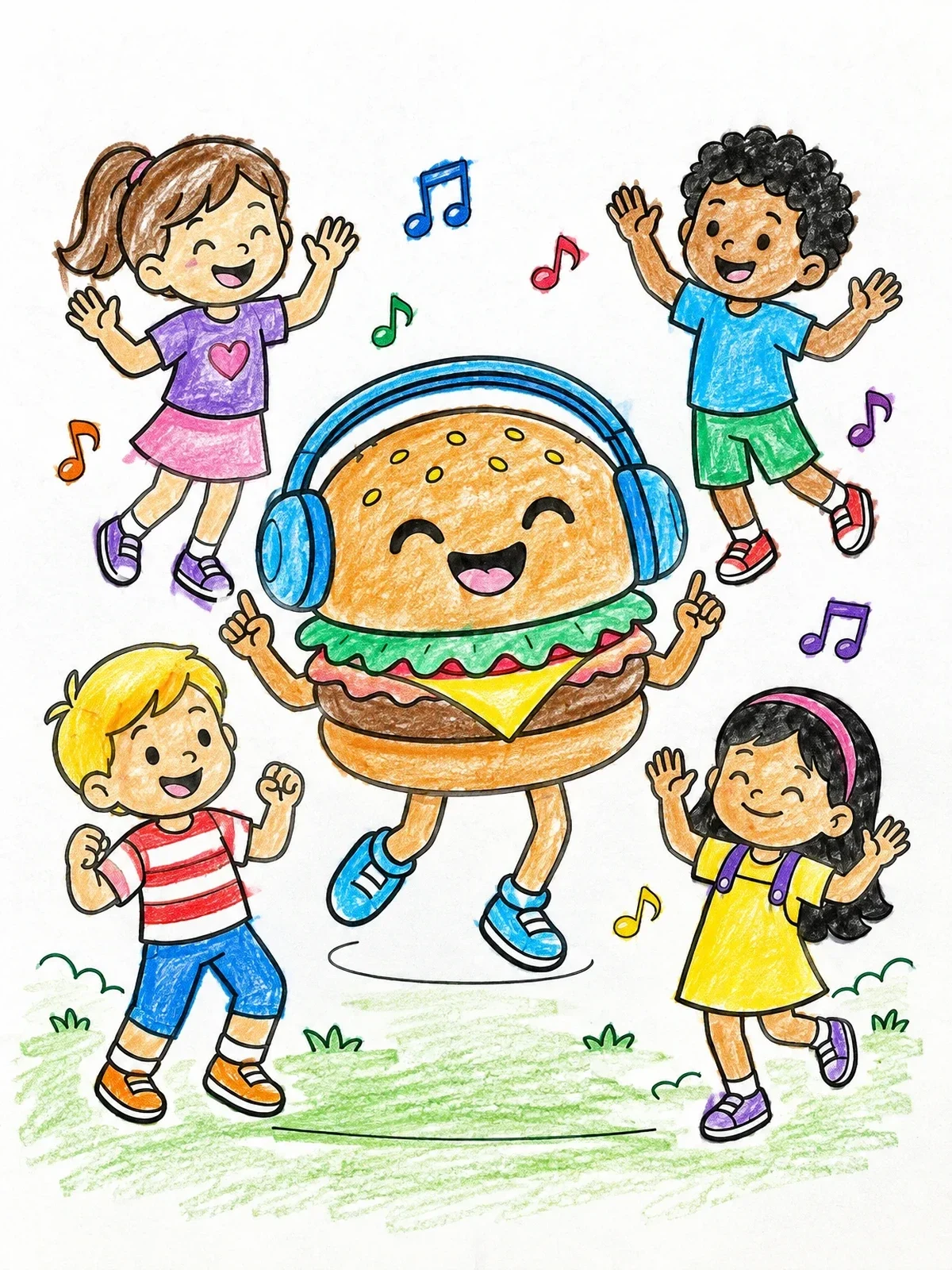 Colored example of the Dancing Burger With Happy Children coloring page