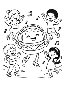 Free printable Dancing Burger With Happy Children coloring page