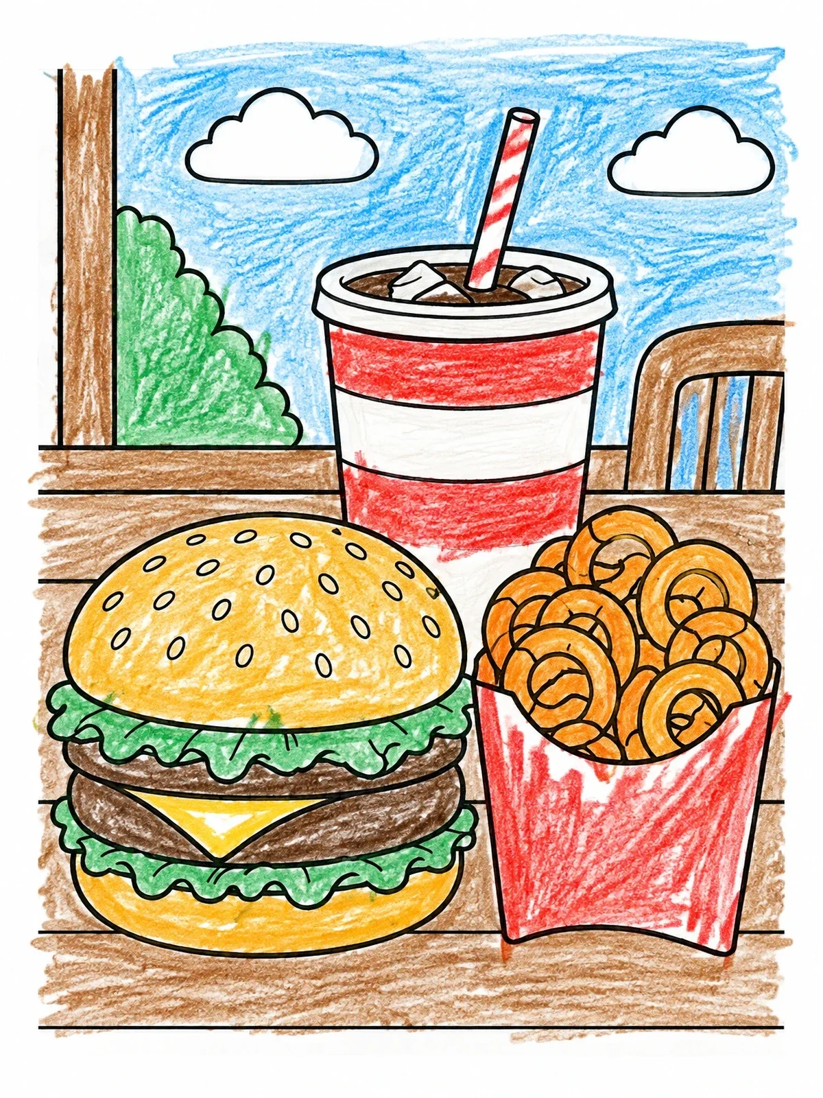 Colored example of the Delicious Burger Meal With Curly Fries coloring page