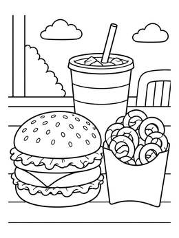 A hamburger coloring page with a stacked cheeseburger, curly fries, and a soft drink.