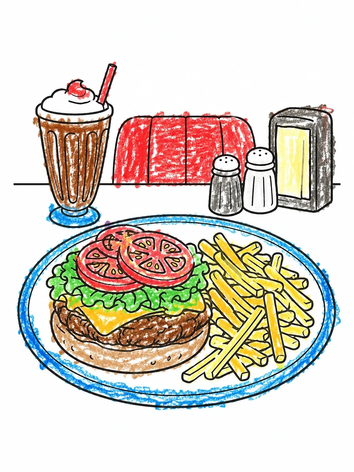 Colored example of the Open Face Burger Diner Meal coloring page