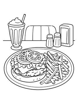 A hamburger coloring page featuring an open-face burger with fries and a milkshake on a diner table.