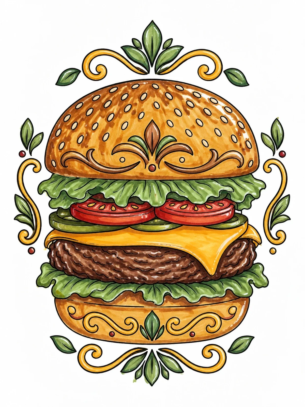 Colored example of the Ornate Gourmet Cheeseburger Illustration coloring page