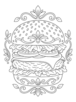 An ornate hamburger coloring page featuring decorative floral flourishes and layered ingredients.