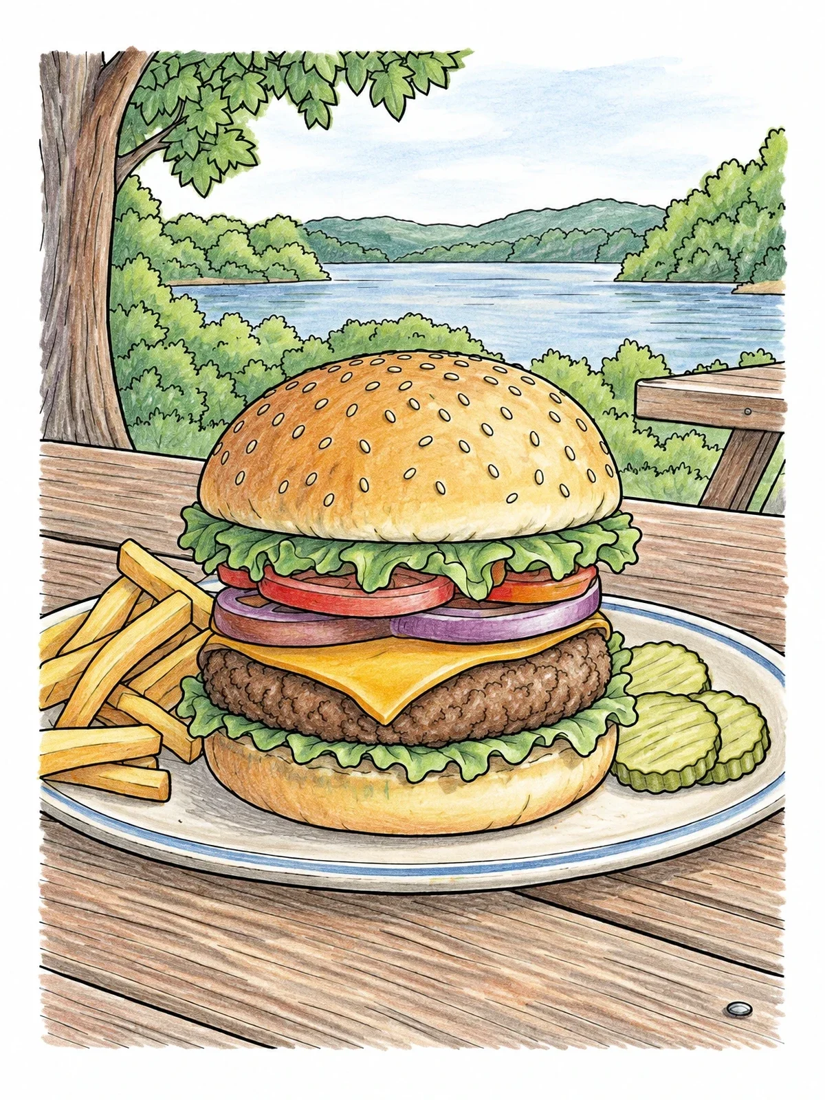 Colored example of the Picnic Burger With Fries And Lake View coloring page