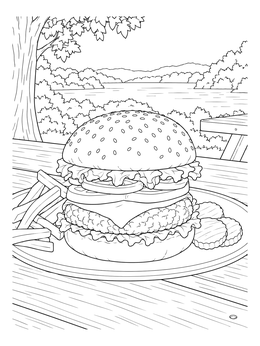 A hamburger coloring page showing a cheeseburger, fries, and pickles on a picnic table by a lake.