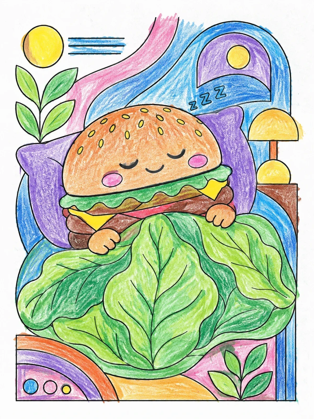 Colored example of the Sleeping Burger In Lettuce Bed coloring page