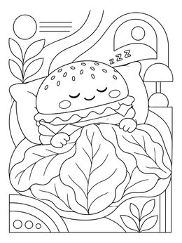 A cute hamburger coloring page featuring a burger sleeping under lettuce blankets.