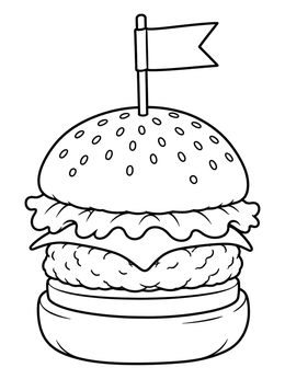 A tasty slider on this hamburger coloring page topped with sesame seeds and a flag toothpick.