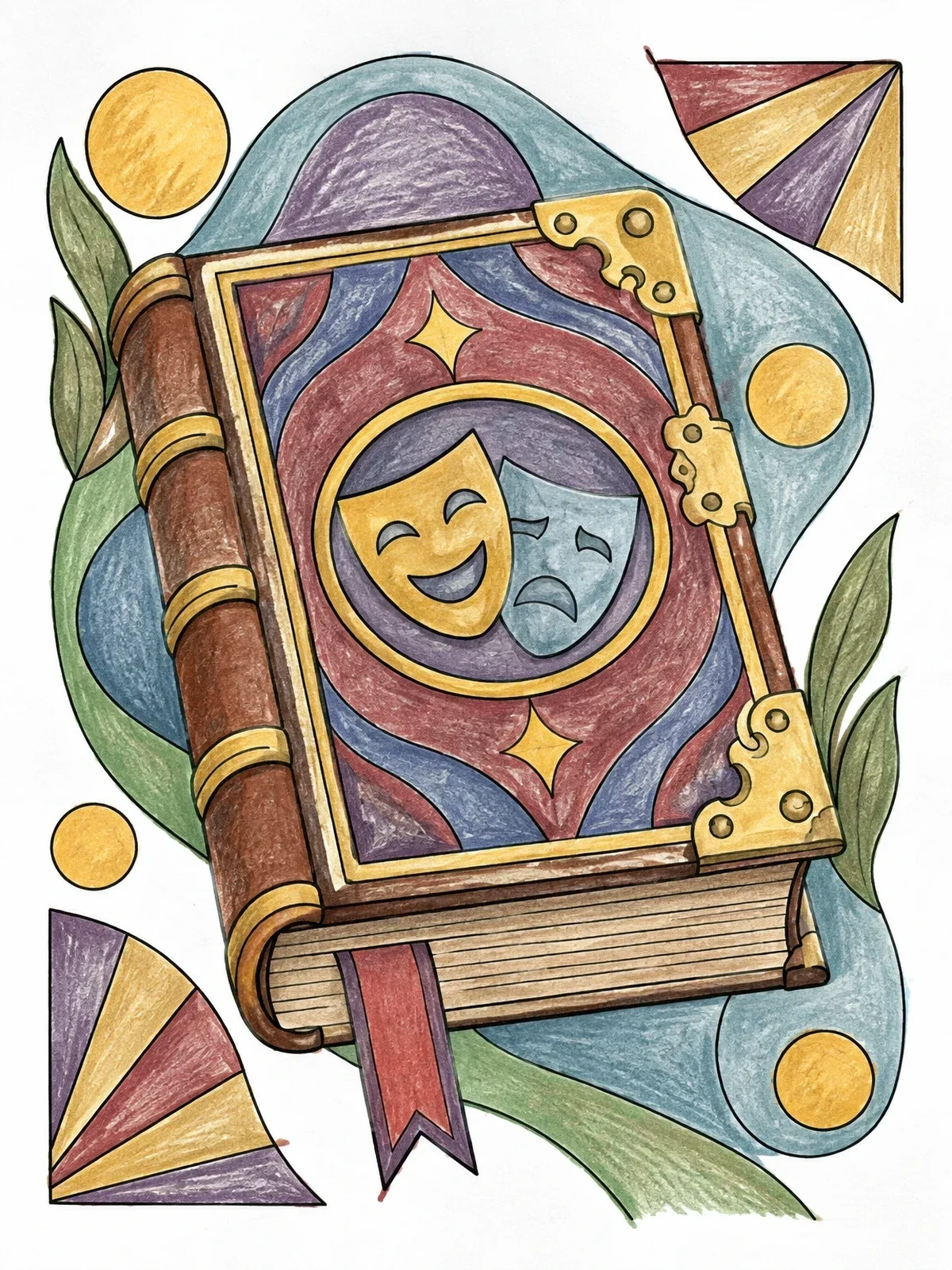 Colored example of the Antique Play Book With Drama Masks coloring page