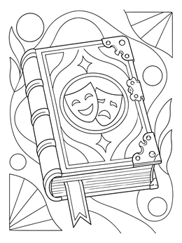 An antique theater script book on this Hamlet coloring page with drama masks on the cover.