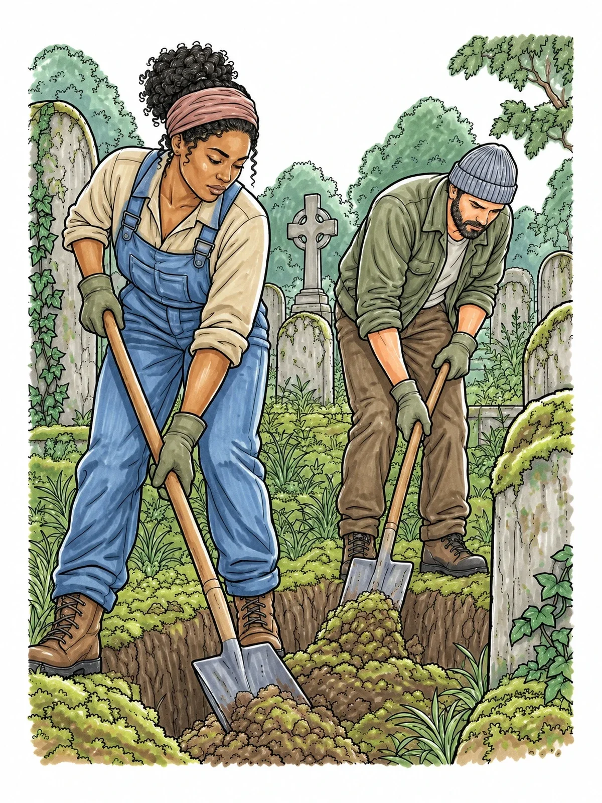 Colored example of the Gravediggers At Work In Churchyard coloring page