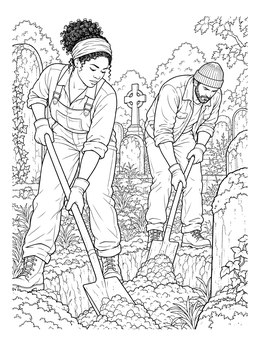 Two gravediggers digging earth among old headstones in this Hamlet coloring page.