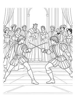 Hamlet and Laertes fencing before the Danish court in this hamlet coloring page.