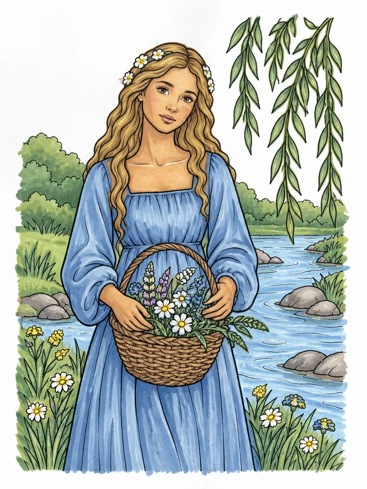 Colored example of the Ophelia By The Riverbank coloring page