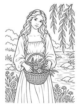 An Ophelia hamlet coloring page showing a young woman holding a basket of wildflowers by a willow tree.