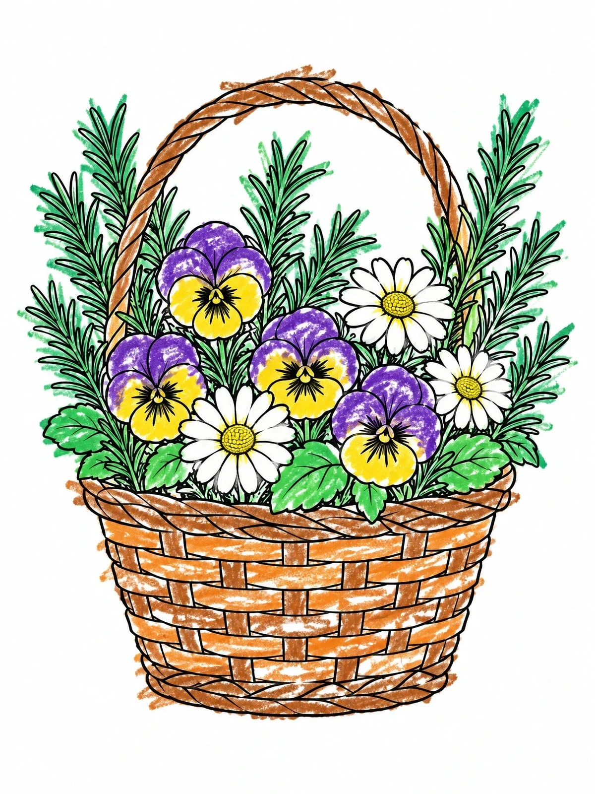 Colored example of the Ophelia's Basket Of Flowers coloring page