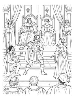 Actors perform before the seated king and queen in this detailed hamlet coloring page.