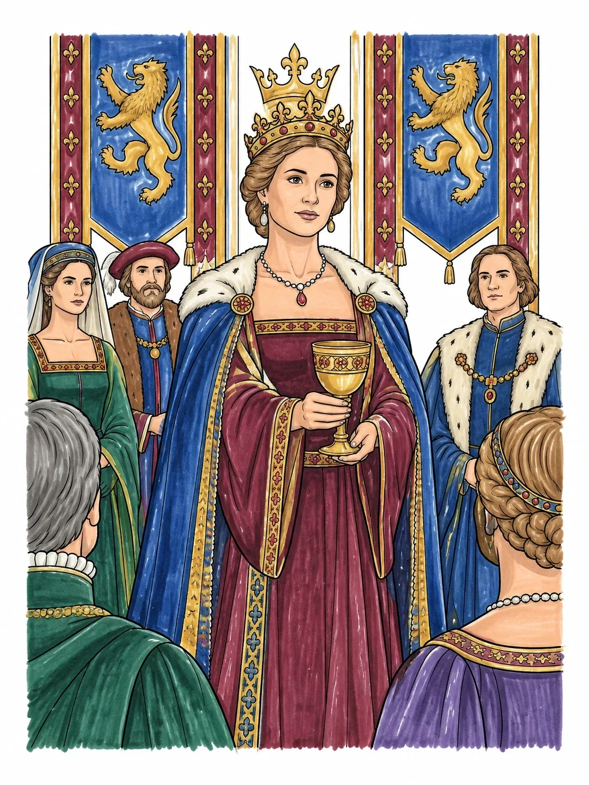 Colored example of the Queen Gertrude And The Royal Court coloring page