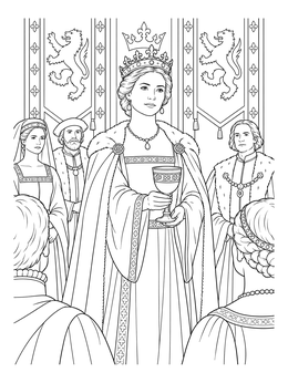 Queen Gertrude holds a goblet in this detailed Hamlet coloring page surrounded by her royal court.