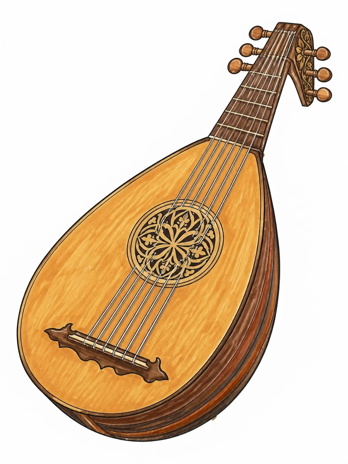 Colored example of the Renaissance Lute With Carved Rosette coloring page