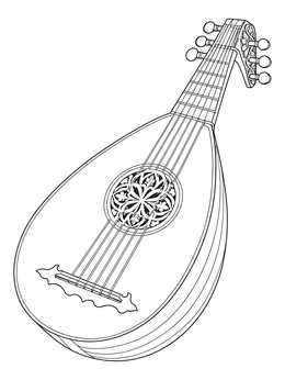 Renaissance wooden lute instrument featured in a detailed hamlet coloring page.