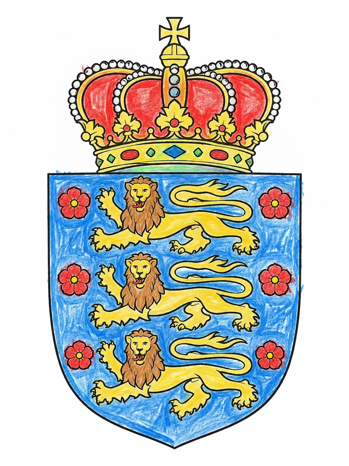 Colored example of the Royal Danish Heraldic Coat Of Arms coloring page
