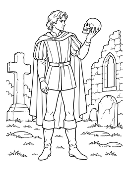 Free printable Hamlet Holding Yorick Skull In Graveyard coloring page