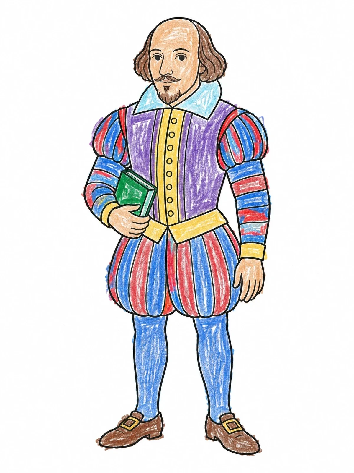 Colored example of the William Shakespeare Holding A Book coloring page