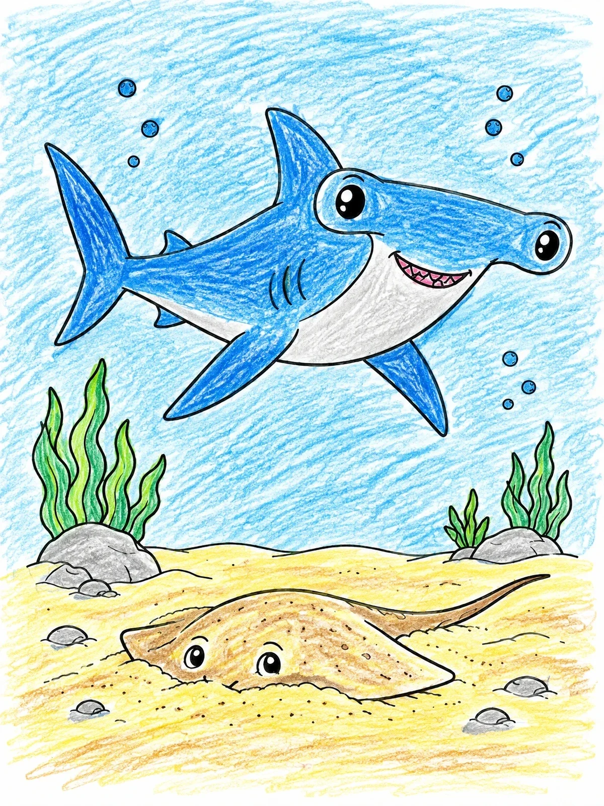 Colored example of the Hammerhead Shark And Buried Stingray coloring page