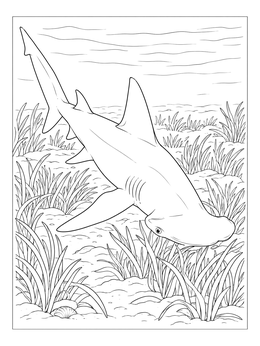 A realistic hammerhead shark coloring page depicting a bonnethead shark cruising above coastal seagrass beds.