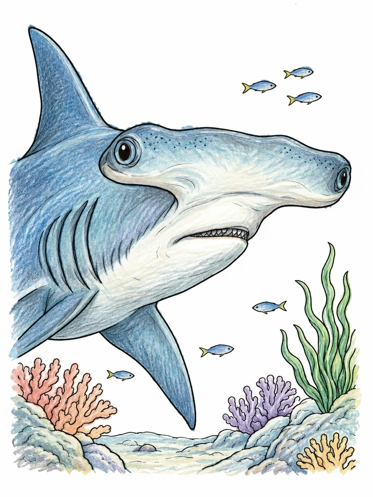 Colored example of the Hammerhead Shark Close Up Over Coral Reef coloring page