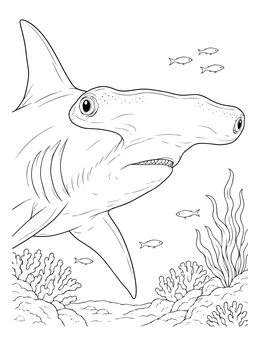 Detailed hammerhead shark coloring page featuring a coral reef and small fish.