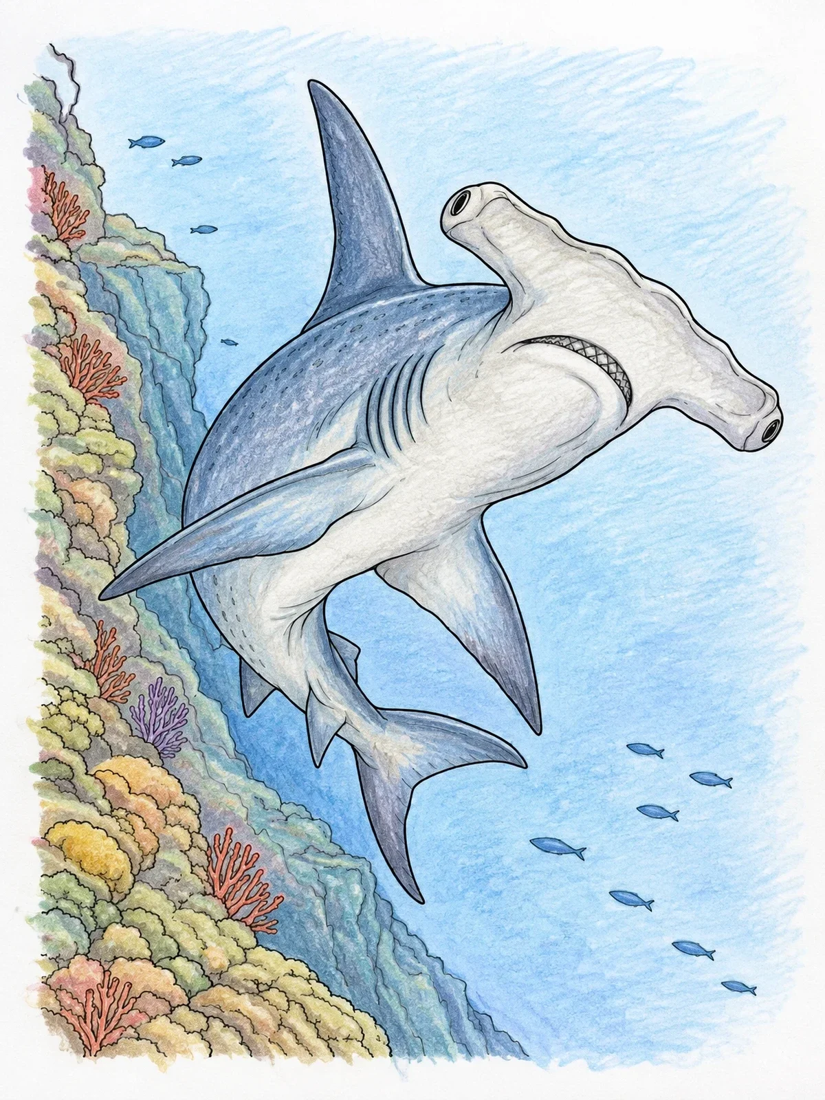 Colored example of the Hammerhead Shark By Coral Drop Off coloring page