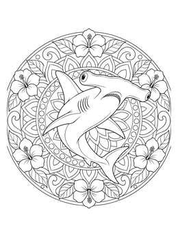 A detailed hammerhead shark coloring page surrounded by hibiscus flowers and a mandala pattern.