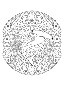A detailed hammerhead shark coloring page surrounded by moons, feathers, and mandala patterns.