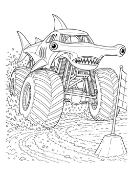 A hammerhead shark monster truck coloring page racing through a dirt arena past a flag.