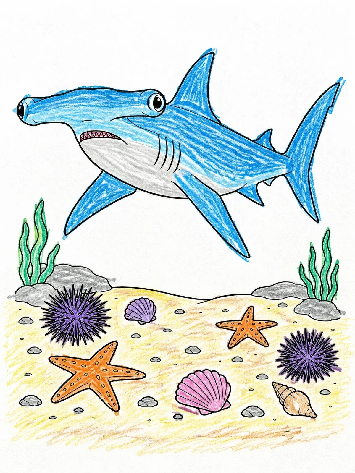 Colored example of the Hammerhead Shark Over Ocean Floor coloring page