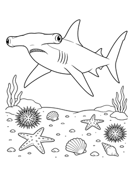 Detailed hammerhead shark coloring page featuring a seabed with starfish, sea urchins, and shells.