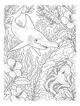 An underwater hammerhead shark coloring page featuring an octopus hiding in a coral reef.
