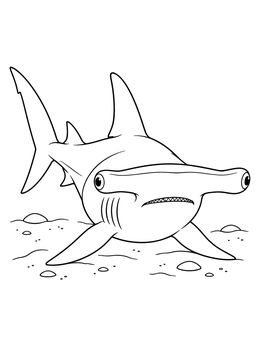 A hammerhead shark coloring page resting on the sandy ocean floor.