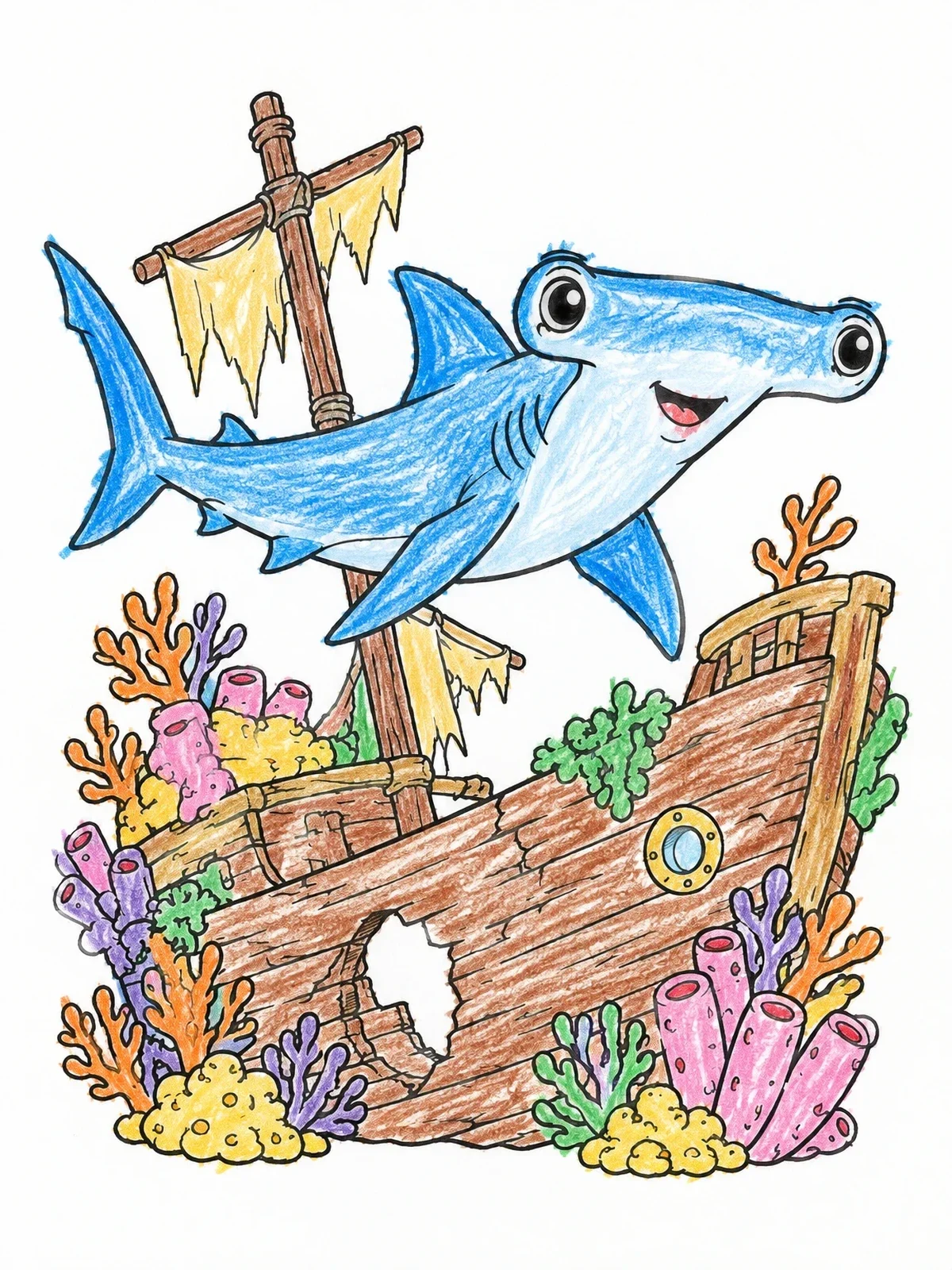 Colored example of the Hammerhead Shark By Sunken Shipwreck coloring page