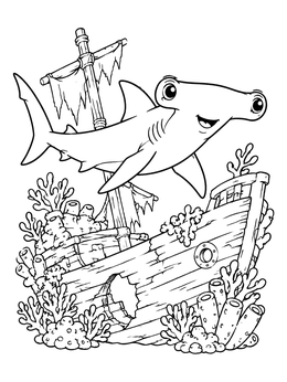 A friendly hammerhead shark coloring page featuring a coral-covered shipwreck.