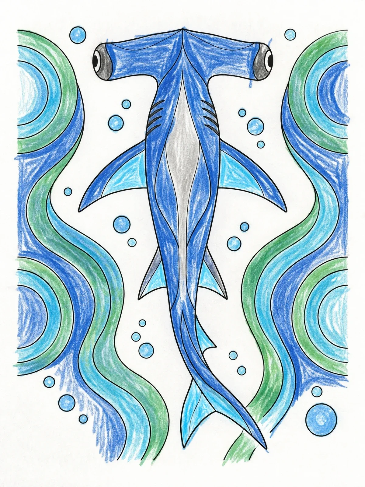 Colored example of the Hammerhead Shark Swimming Overhead coloring page