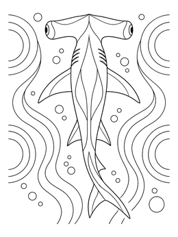 Top-down view of a stylized hammerhead shark coloring page surrounded by bubbles and water waves.