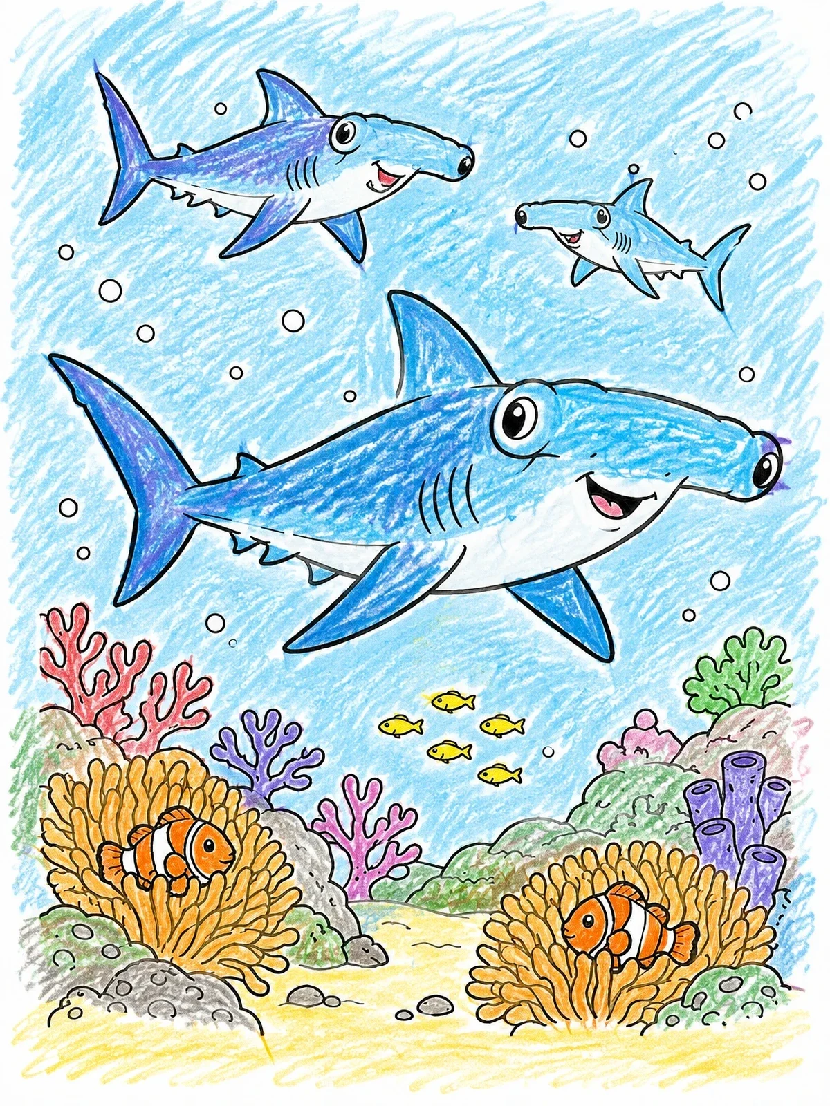 Colored example of the Hammerhead Sharks Over Coral Reef coloring page