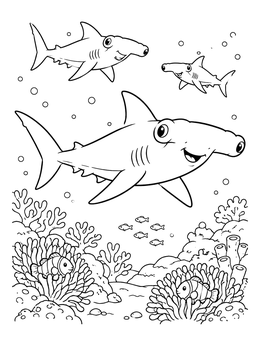 Cute hammerhead shark coloring page with friendly sharks swimming above an ocean reef.